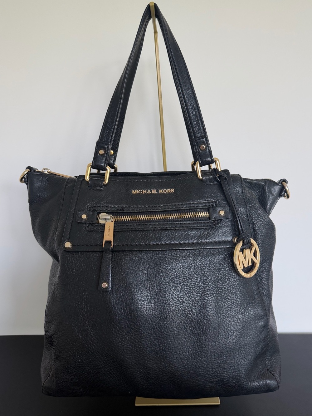 Michael Kors Black Pebbled Leather Tote Handbag Gold MK Medallion